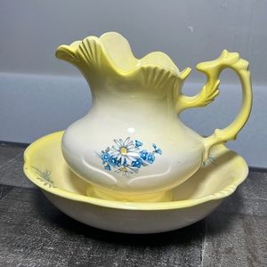Vintage Ceramic Pitcher and Bowl Set White Yellow with Blue Floral Design